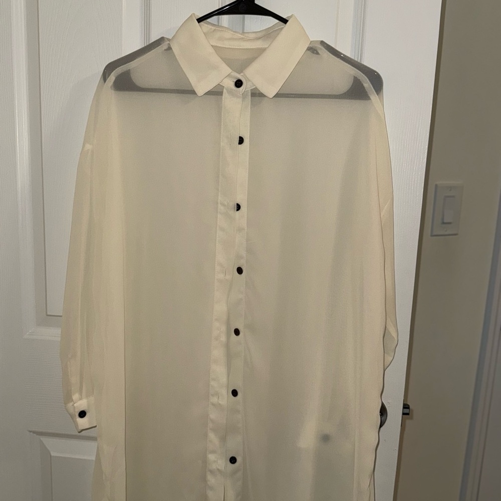 SHEIN Cream Sheer Long Sleeve Shirt
